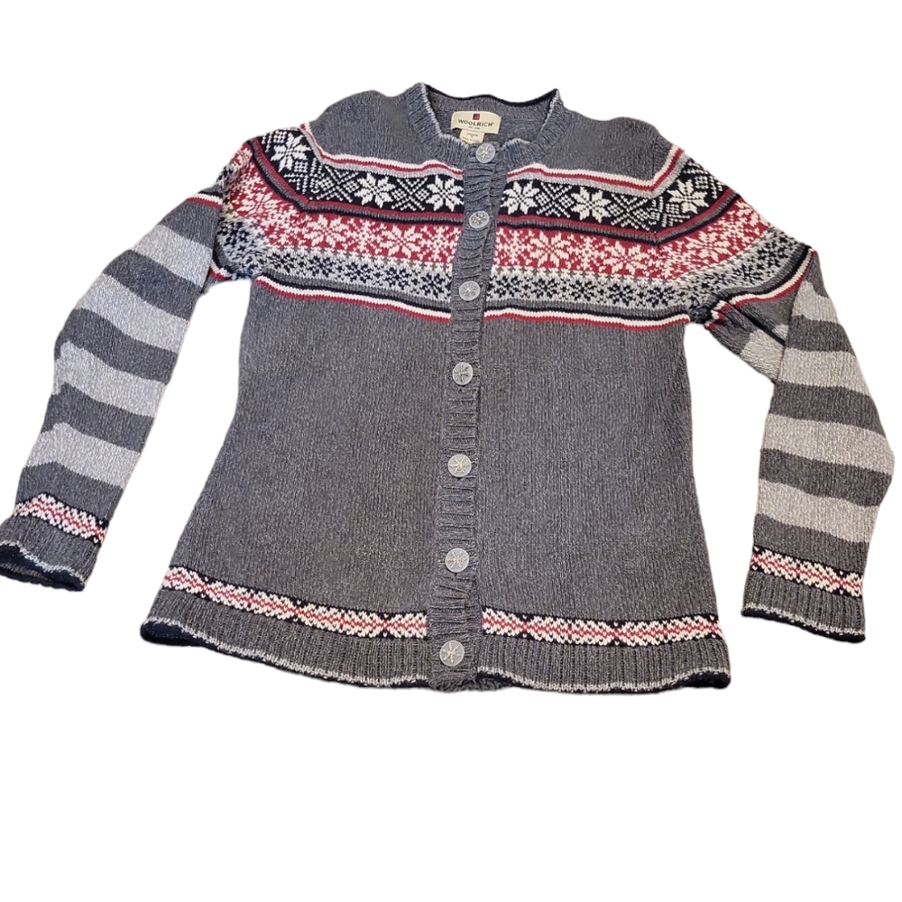 Woolrich Gray Red Black Cardigan Sweater Fair Isle Snowflakes Buttons M